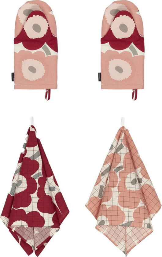 Bilde av Pieni Unikko kjøkkenhåndkle+grytevott 4 deler Cotton-dark cherry-rose