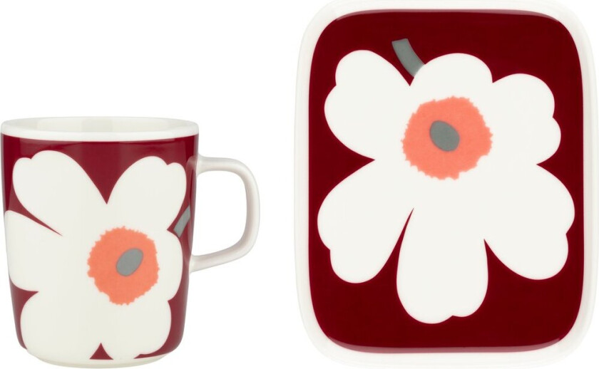 Unikko 60-årsjubileum krus 25 cl+tallerken 12x15 cm White-darl cherry-ash grey