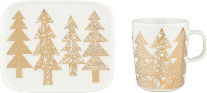 Kuusikossa krus 25 cl + tallerken 15x12 cm White-gold