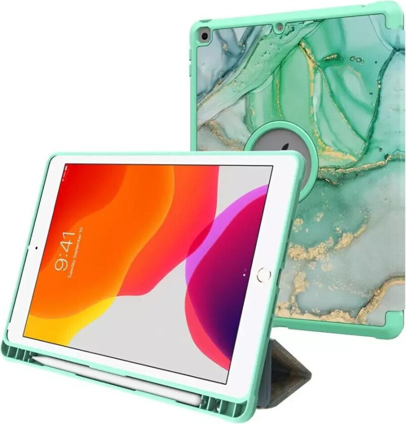 iPad 10.2" (2021 / 2020 / 2019) Flip Deksel m. Ståfunksjon & Pencil Holder - Grønn Marmor