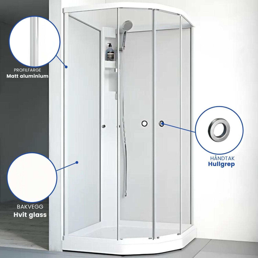 Flow Semi Dusjkabinett Matt Aluminium / 91x81cm Hvit Glass