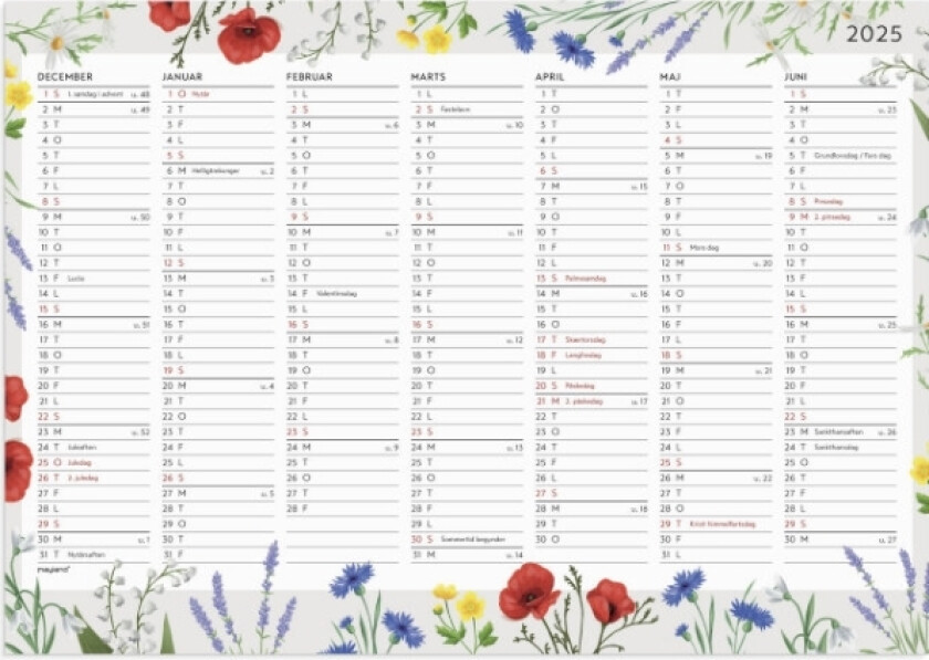 Vægkalender Blomster A4 14 Mdr. 2025