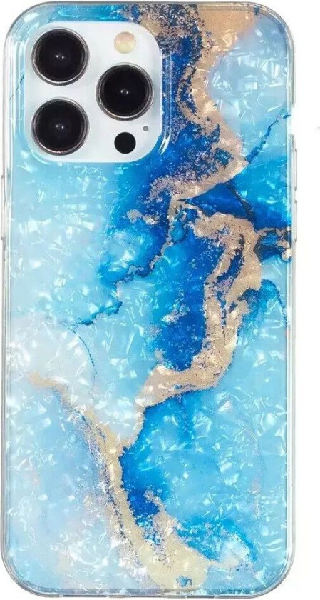 iPhone 15 Pro Fleksibelt Plastdeksel - Blå og Gull Marmor