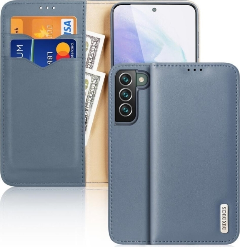 Hivo Lærveske Flip Deksel I Ekte Skinn For Kort Og Dokumenter Samsung Galaxy S22+ (S22 Plus) Blå