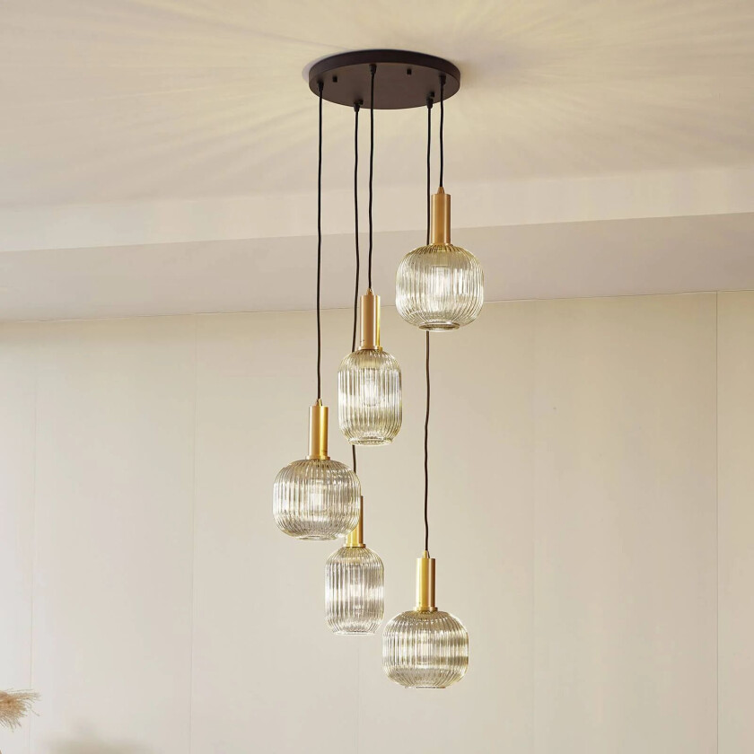 Doroteo hengelampe, 5 lyskilder, grå, glass