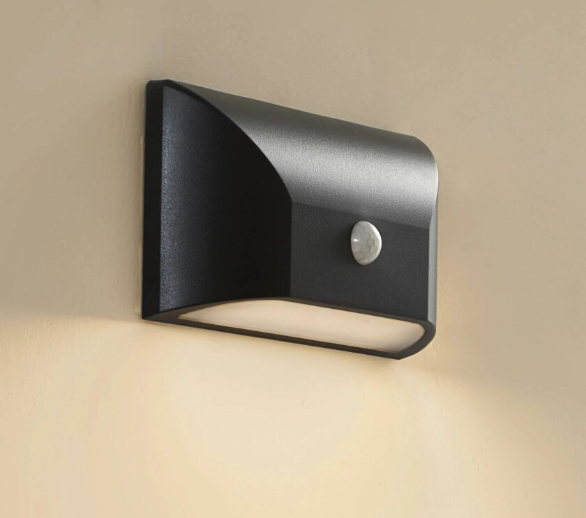 utendørs vegglampe Siana, svart, PC, sensor