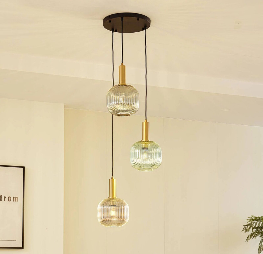 Doroteo hengelampe, 3 lyskilder, grønn/amber/grå, glass