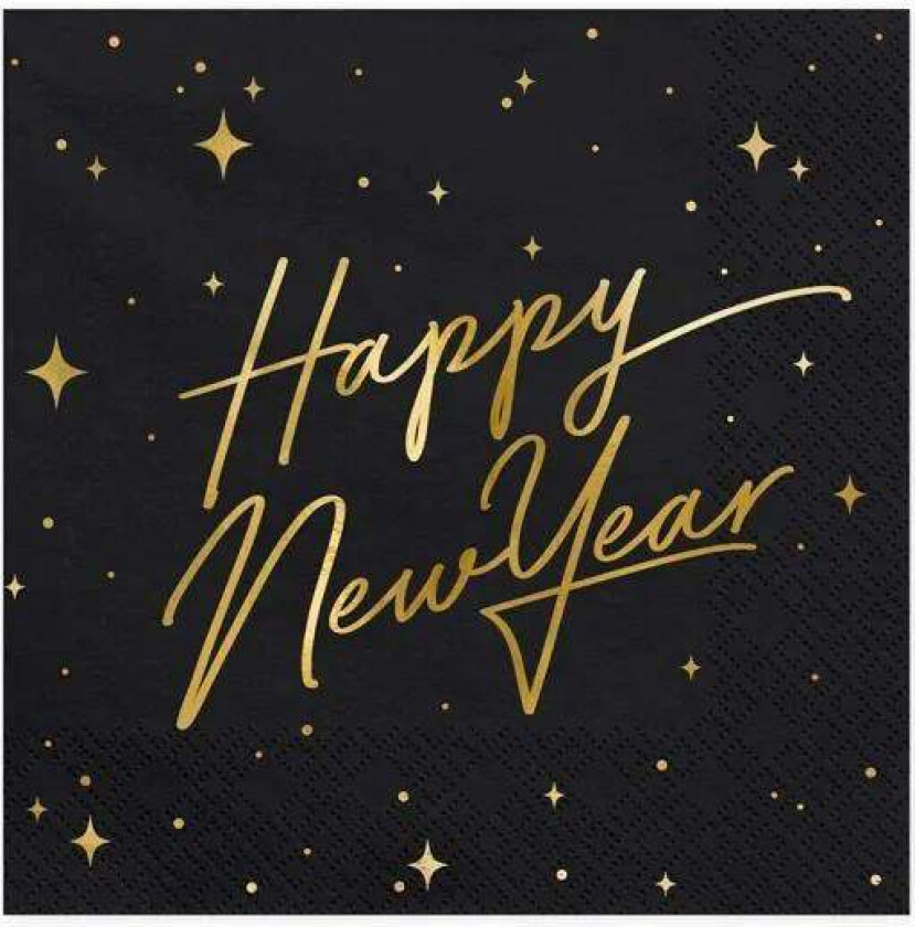 Servietter Gull og svart -Happy New-Year- pk/20