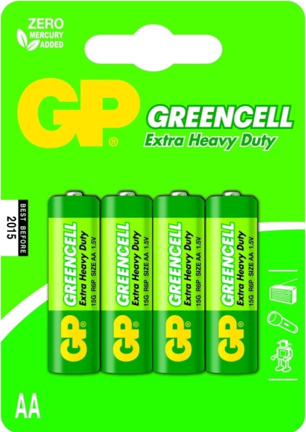 Gp Batteries Greencell Aa, Engangsbatteri, Aa, Sinkklorid, 1,5 V, 4 Stykker, Grønn