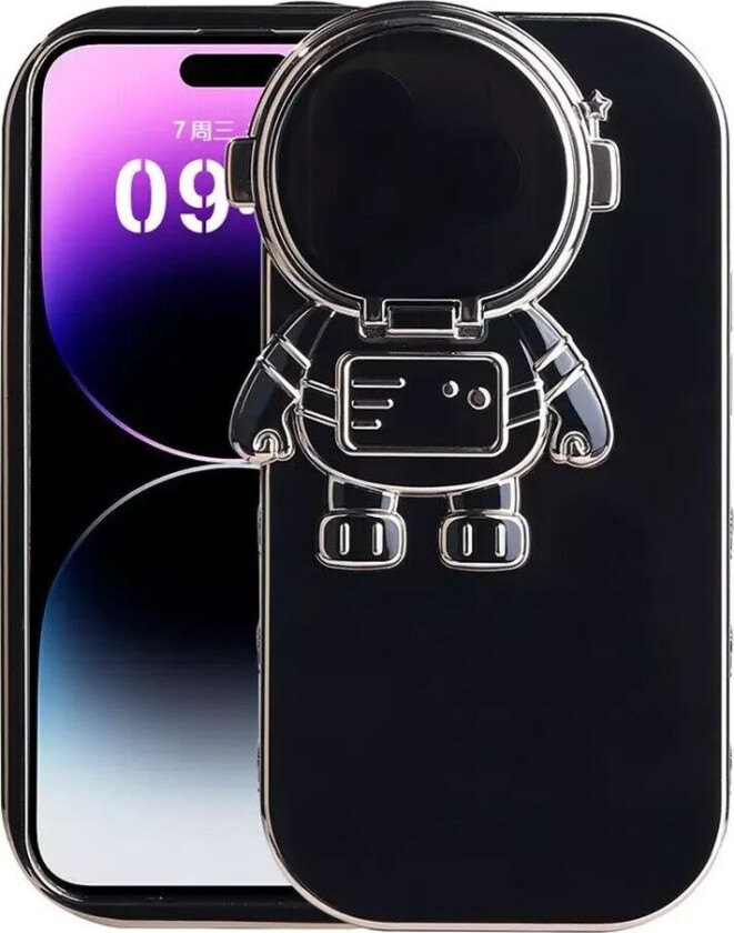 iPhone 14 Pro Fleksibelt Plast Deksel med 3D Astronautfigur og Kamerabeskyttelse - Svart / Gull