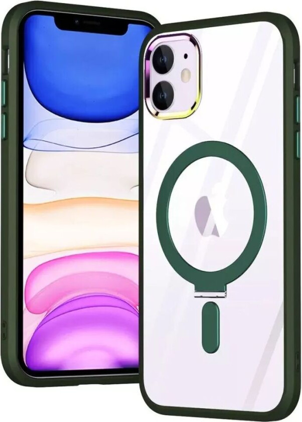 iPhone 11 Fleksibelt Plast Deksel med Magnetisk Stativ Ring - MagSafe-Kompatibel - Gjennomsiktig / Grønn