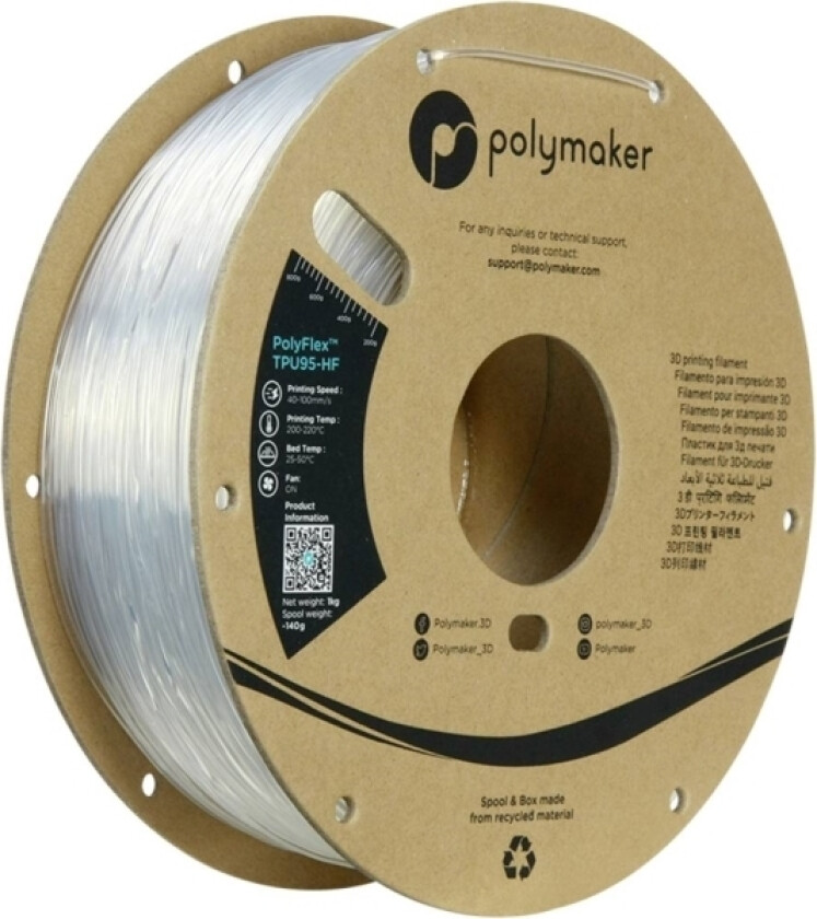 Polymaker Pd03003 Tpu95-Hf Filament Tpu, Fleksibelt Glødetråd Fleksibel, Highspeed Filament, Uv-Bestandig 1.75 Mm 1000 G Klar Polyflex™ 1 Stk