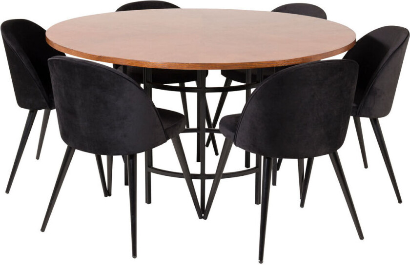 Copenhagen spisegruppe spisebord brun og 6 Velvet spisestuestoler velour svart.