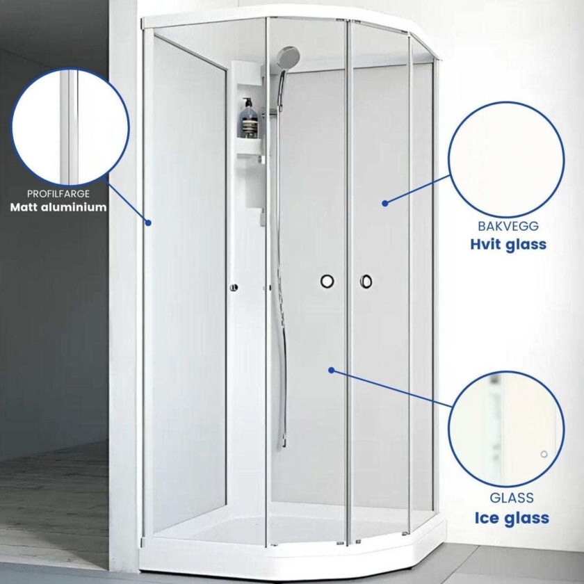 Flow Semi Dusjkabinett Ice Matt Aluminium / 81x81cm Hvit Glass