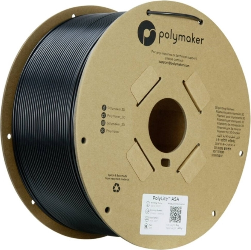 Polymaker Pf01024 Black Filament Asa Uv-Bestandig, Vejrbestandig, Varmebestandig, Slagfast 1.75 Mm 3000 G Sort Polylite™ 1 Stk