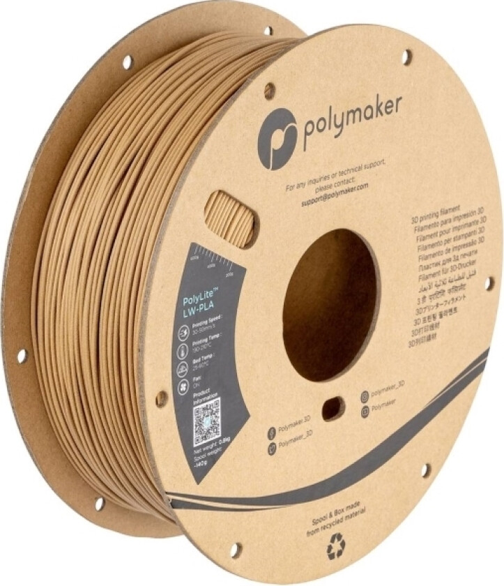 Polymaker Pa08004 Filament Lw-Pla Mat, Lav Massefylde 1.75 Mm 800 G Træ Polylite™ 1 Stk