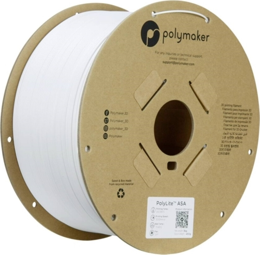 Polymaker Pf01021 White Filament Asa Uv-Bestandig, Vejrbestandig, Varmebestandig, Slagfast 1.75 Mm 3000 G Hvid Polylite™ 1 Stk