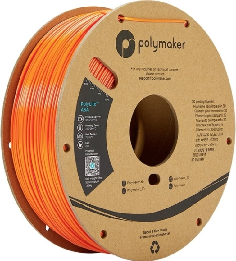 Polymaker Pf01007 Orange Filament Asa Uv-Bestandig, Vejrbestandig, Varmebestandig, Slagfast 1.75 Mm 1000 G Orange Polylite™ 1 Stk