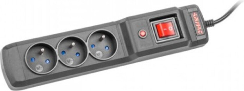 Armac Multi M3 | Strømskinne | Overspenningsvern, 3 Stikkontakter, 5M Kabel, Sort
