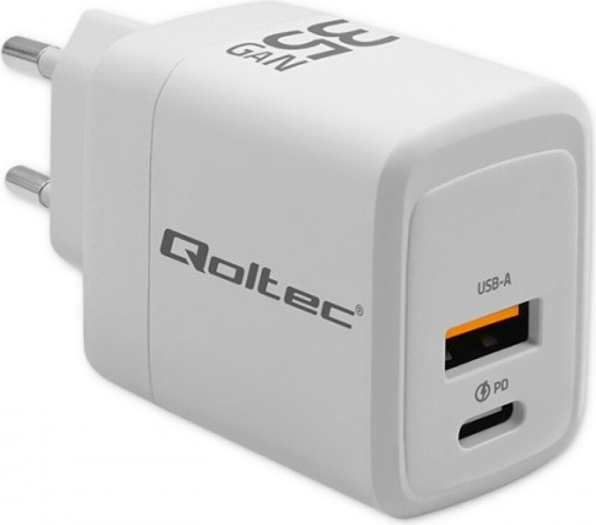35W Gan Lader| 5-20V | 1,5-3A | 1 X Usb-C Pd | 1 X Usb Qc 3.0 | Hvit