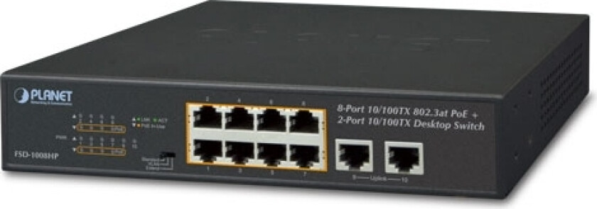 Planet Fsd-1008Hp, Uhåndtert, Fast Ethernet (10/100), Full Tosidig, Strøm Over Ethernet (Poe), Rack-Montering, 1U