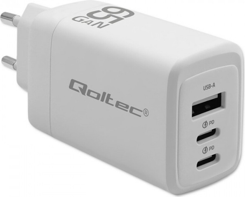 65W Gan Lader| 5-20V | 3-3,35A | 2 X Usb-C Pd | 1 X Usb Qc 3.0 | Hvit