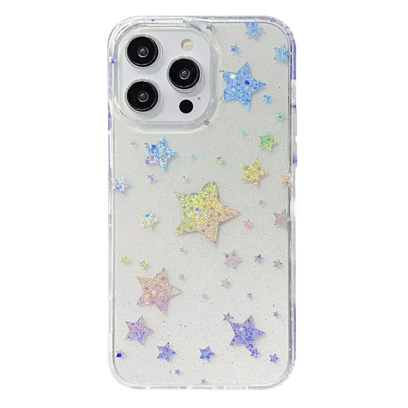 iPhone 14 Pro Hybrid Glitter Plast Deksel - Stjerner
