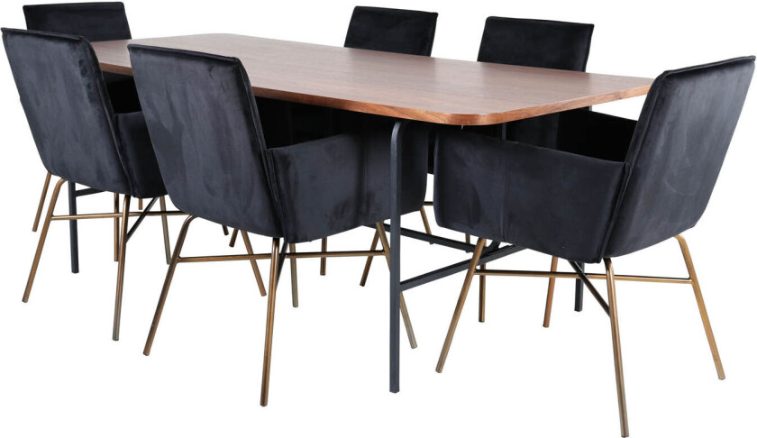 UnoWA spisegruppe spisebord valnøtt dekor og 6 Pippi spisestuestoler velour svart.