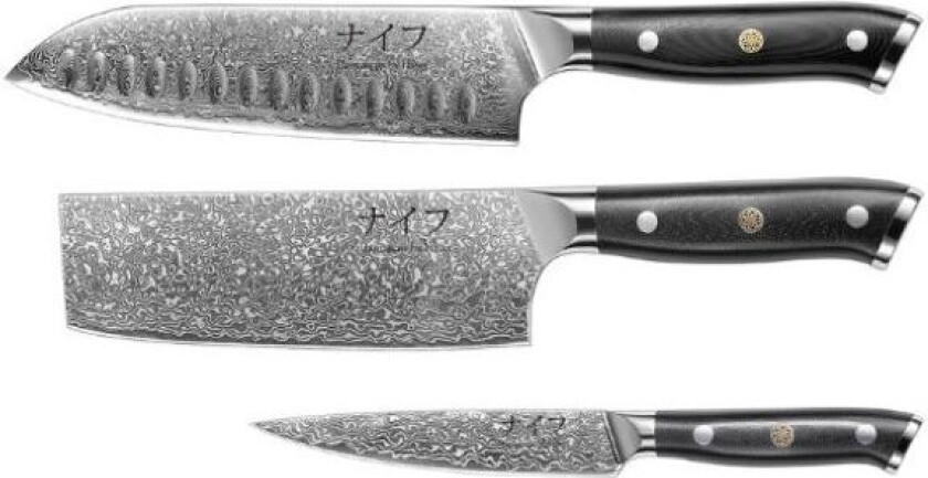 Damascus Av Hâws Santoku, Grønnsaks- Og Utility-kniv - 3 Stk.