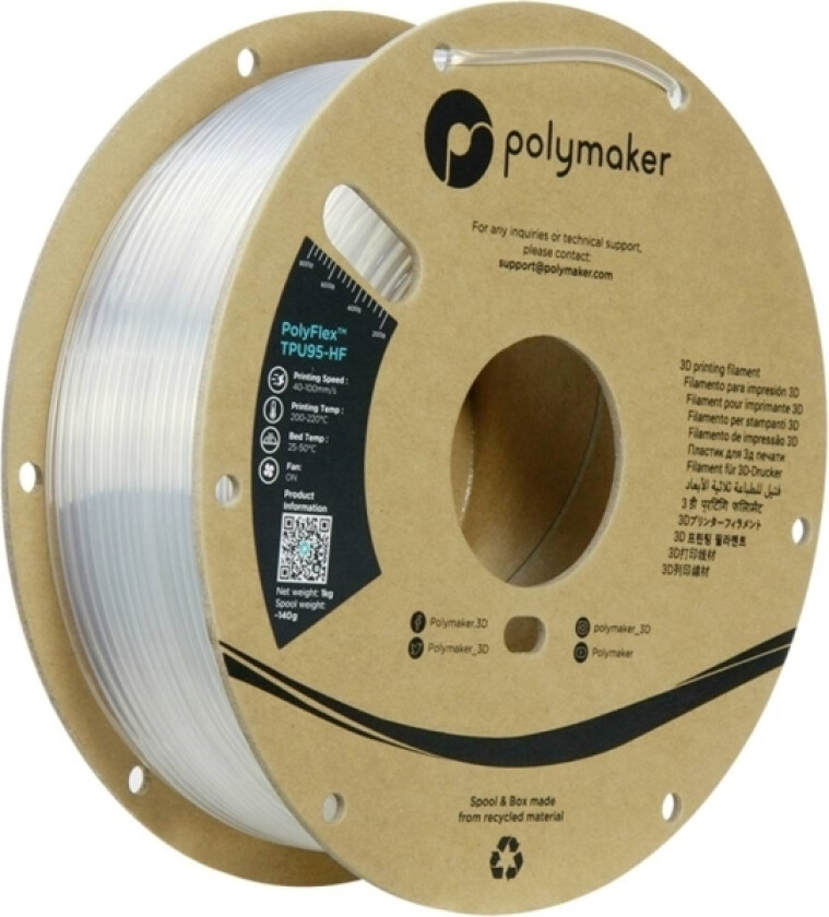 Polymaker Pd03006 Tpu95-Hf Filament Tpu, Fleksibelt Glødetråd Fleksibel, Highspeed Filament, Uv-Bestandig 2.85 Mm 1000 G Klar Polyflex™ 1 Stk