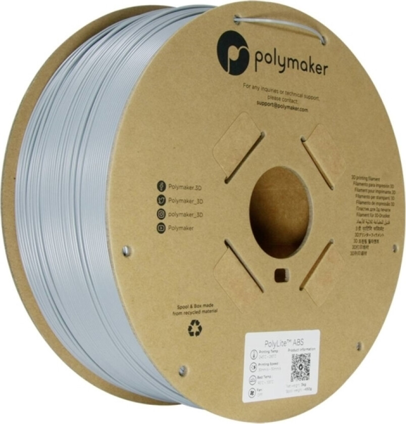 Polymaker Pe01024 Filament Abs-Plast Varmebestandig, Slagfast, Lugtsvag 1.75 Mm 3000 G Grå Polylite™ 1 Stk