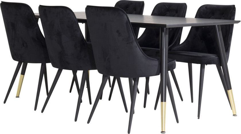 Dipp180x90BLBR spisegruppe spisebord svart og 6 Velvet Deluxe spisestuestoler velour svart.