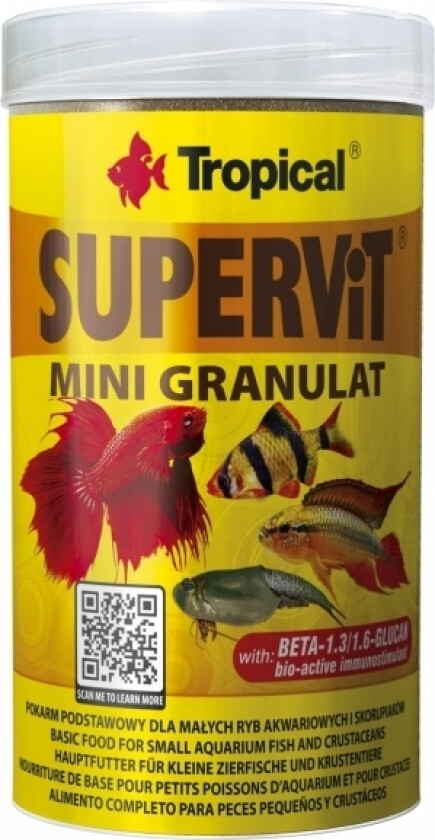Supervit Mini Granulat, Akvariefisk, Tørr Fiskemat, Granulat, Vitamin A, Vitamin C, Vitamin D3, Vitamin E, 48%, 8%