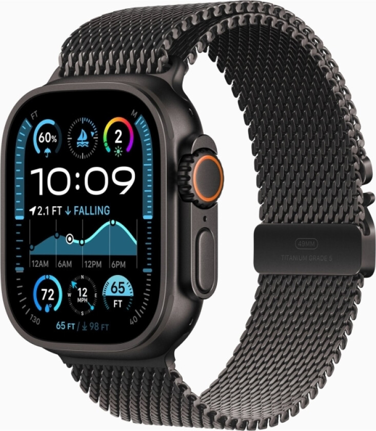 Watch Ultra 2 - 49 Mm - Svart Titan - Smartklokke Med Fint Strikket Løkke - Båndbredde: S - 64 Gb - Lte, Wi-Fi 4, Uwb, Bluetooth - 4G - 61.8 G