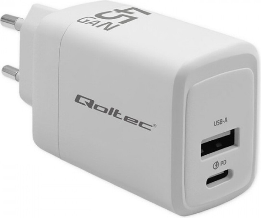 45W Gan Lader| 5-20V | 1,5-3A | 1 X Usb-C Pd | 1 X Usb Qc 3.0 | Hvit