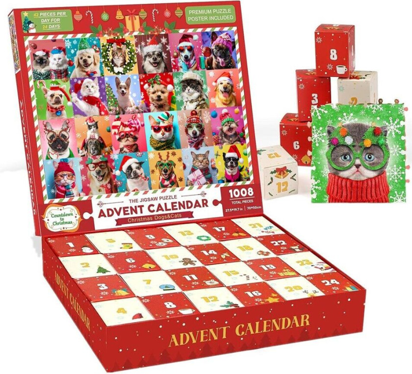 Adventskalender Julekalender med dyrepuslespill 1008 brikker 24 puslespill