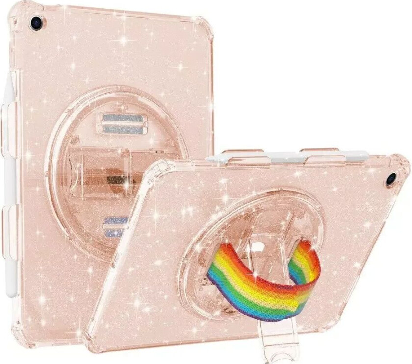 iPad 10.2" (2021 / 2020 / 2019) Hard Plast Deksel m. Håndholder, Kickstand & Skulderrem - Gjennomsiktig / Glitter Gull