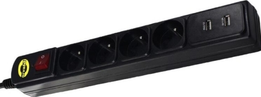 Orv-4Pl Med Usb2.0 | Strømskinne | Overspenningsvern 1140J, 4 Stikkontakter, 2X Usb, 1,8M