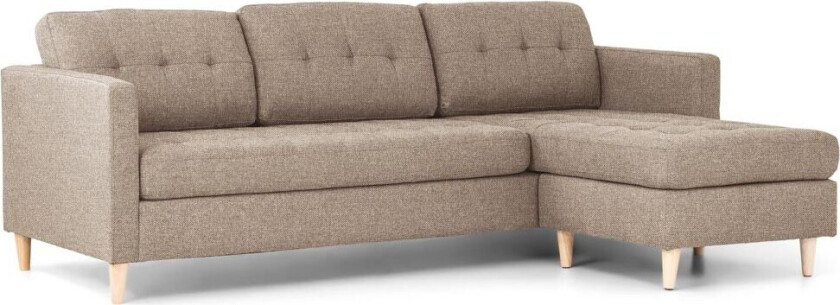 Marino sofa, sjeselong høyre eller venstrevent i stoff lysebrun, med treben.