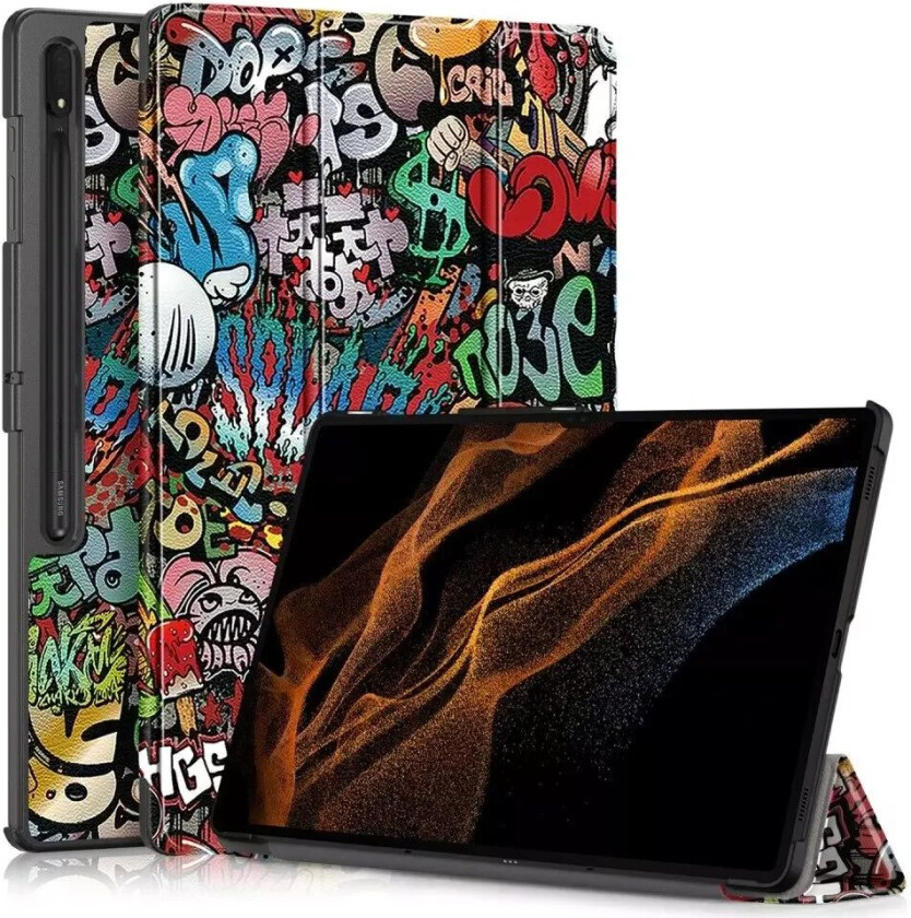 Samsung Tab S9 Ultra Tri-Fold Skinn Deksel m. Stativfunksjon - Graffiti