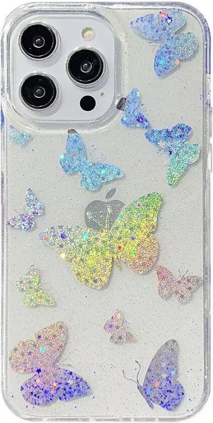 iPhone 14 Pro Hybrid Glitter Plast Deksel - Sommerfugler