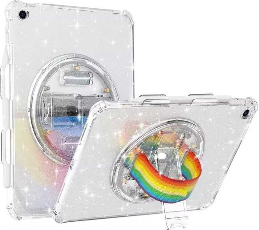 iPad 10.2" (2021 / 2020 / 2019) Hard Plast Deksel m. Håndholder, Kickstand & Skulderrem - Gjennomsiktig Glitter