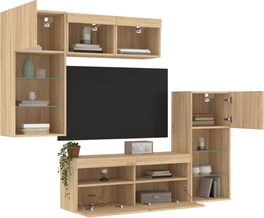 Vegghengte TV-enheter med LED 5 deler sonoma eik konstruert tre