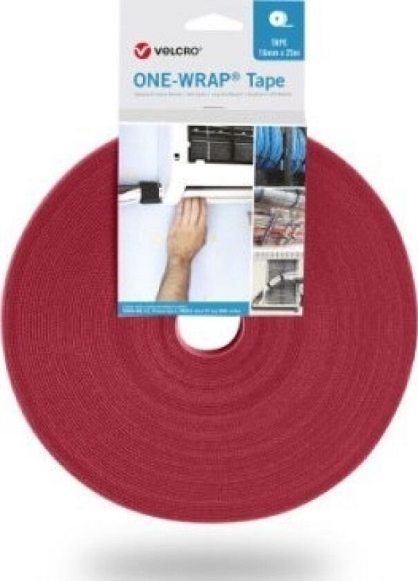 Borrelås Velcro One Wrap Tape 16 Mm, Rød, 25 M