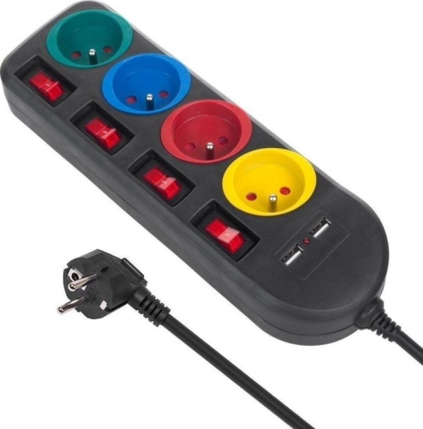 Maclean Strømskinne Maclean Strømskinne, Skjøteledning 4 Stikkontakter + 2Xusb, Med Brytere, 250Vac/10A, 2,1A 5V, 1,5M, Hvit, Mce229b + Usb M-Kabel