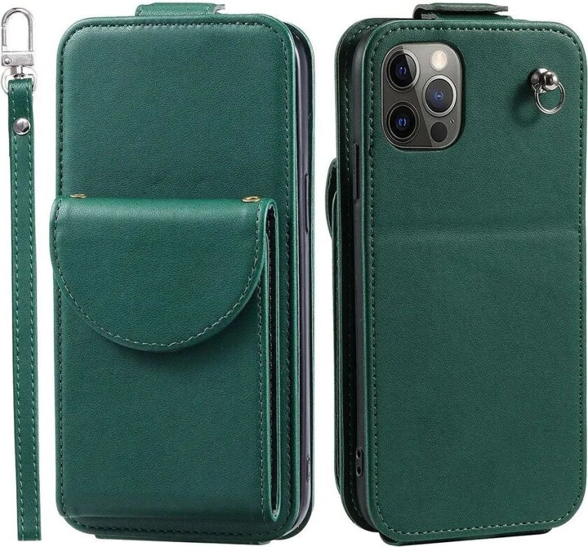 iPhone 12 / 12 Pro Vertikalt Kunst Skinn Flip Deksel med Lommebok / Ståfunksjon / Stropp - Grønn