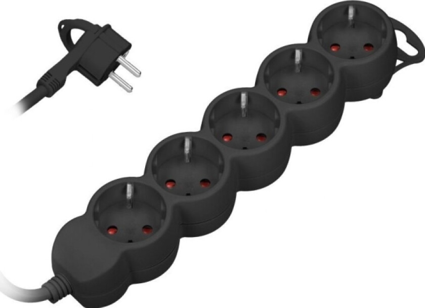 Orno 5-Veis Skjøteledning 2P+Z (Schuko), 3M H05vv-F 3X1,0Mm?, Imax=10A, Flatplugg, Sort