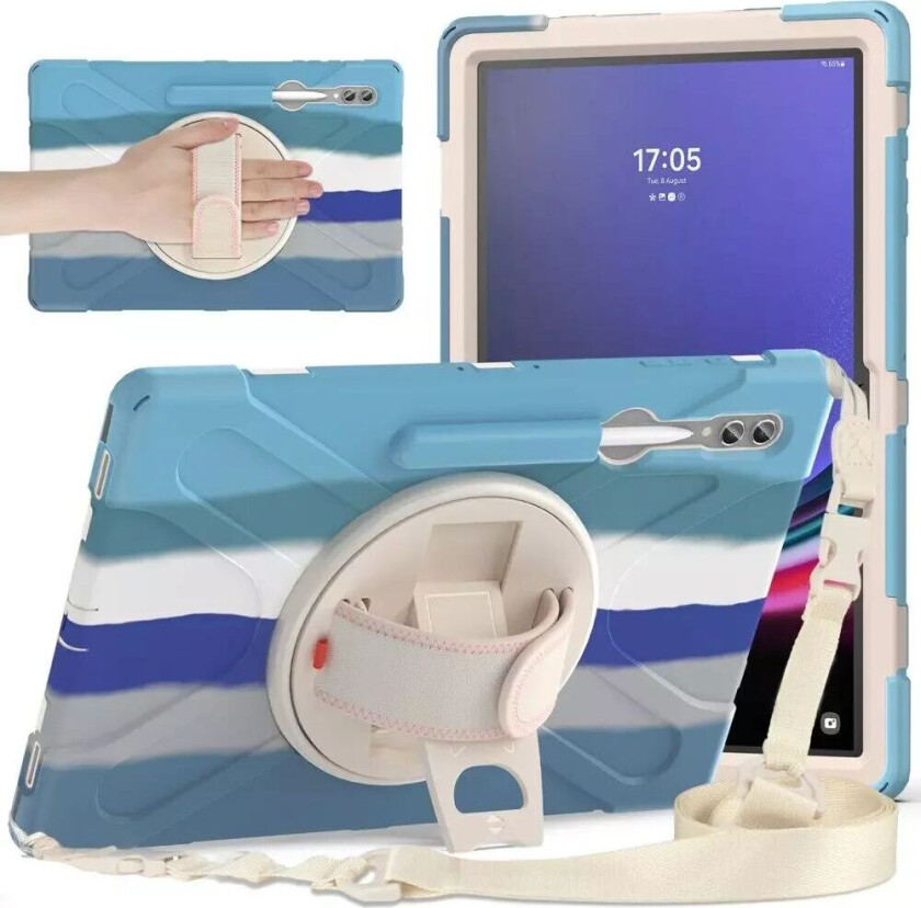 Samsung Galaxy Tab S9 Ultra / S8 Ultra Håndverkerdeksel med Håndholder, Stativ, Pencil Holder og Skulderstropp - Multi / Blå