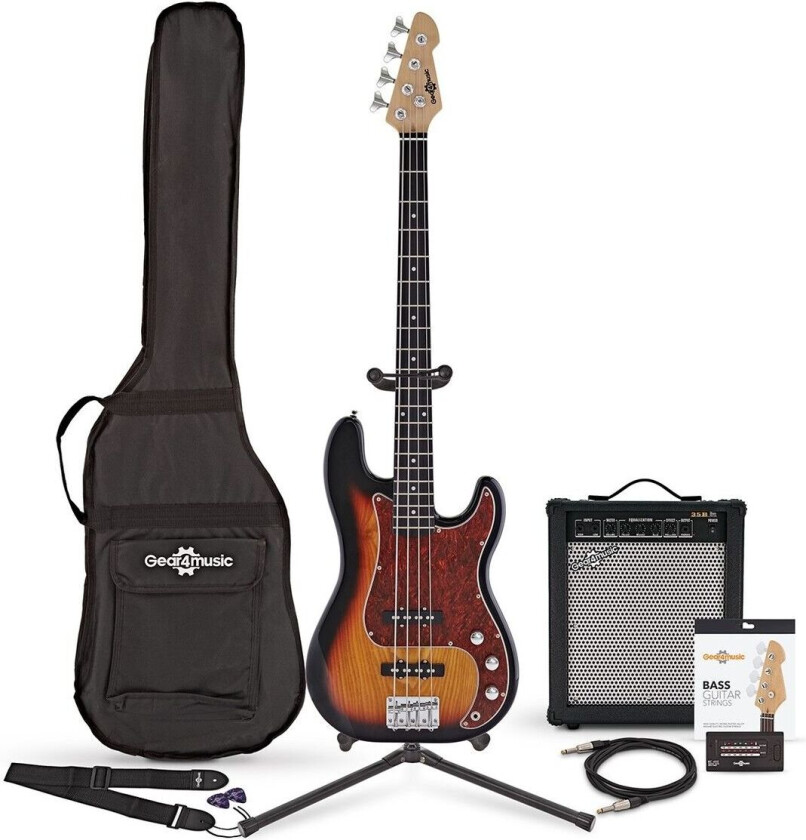 Gear4Music LA II Bassgitar + 35W Forsterkerpakke Sunburst