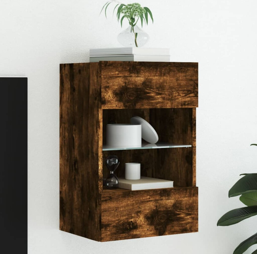 Vegghengt TV-benk med LED-lys røkt eik 40x30x60,5 cm